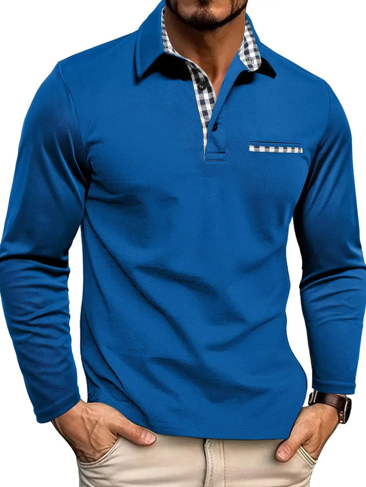 Polo uomo a maniche lunghe con colletto a quadri e taschino