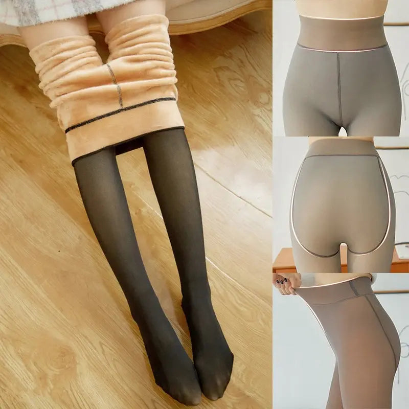 Calze termiche invernali da donna, foderate in pile, colore nero e beige, elasticizzate, ideali per il freddo, moda autunno-inverno.