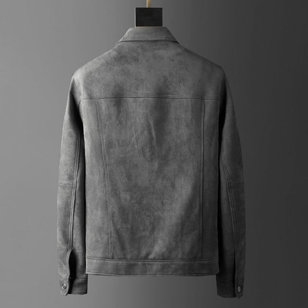 Giacca in pelle scamosciata grigia da uomo, vista posteriore, design elegante e moderno, ideale per moda autunnale e invernale.