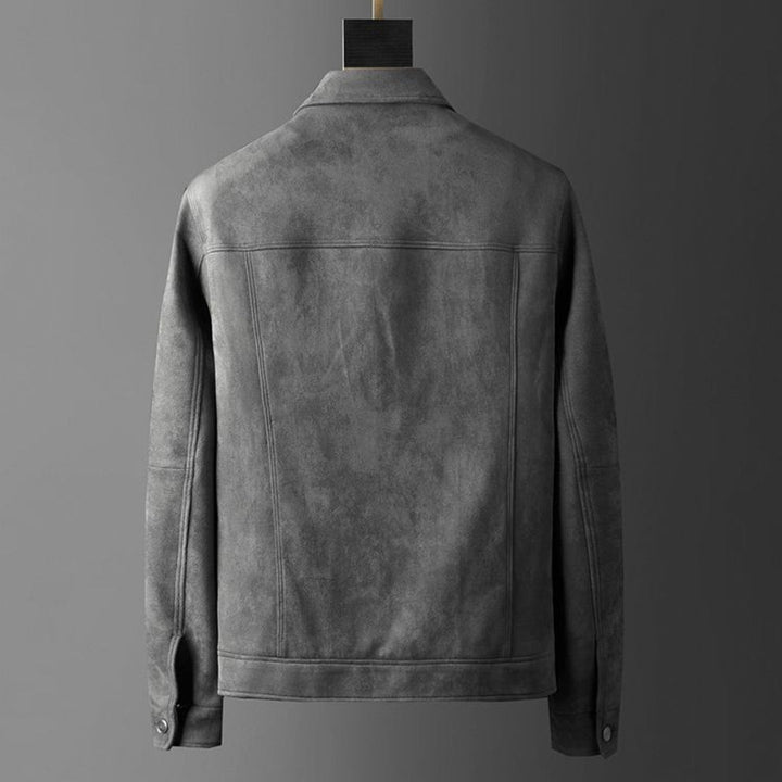 Giacca in pelle scamosciata grigia da uomo, vista posteriore, design elegante e moderno, ideale per moda autunnale e invernale.