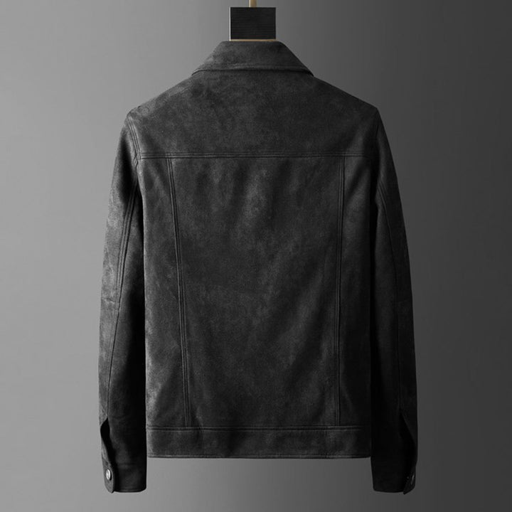 Giacca in pelle scamosciata nera da uomo, vista posteriore, design elegante e moderno, ideale per moda autunnale e invernale.