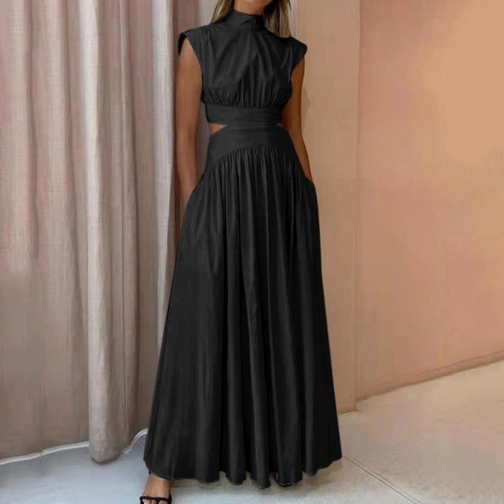 Abito Maxi Donna Plissettato Collo Alto Classico Elegante