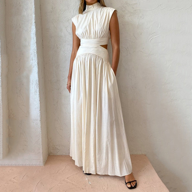 Abito Maxi Donna Plissettato Collo Alto Classico Elegante