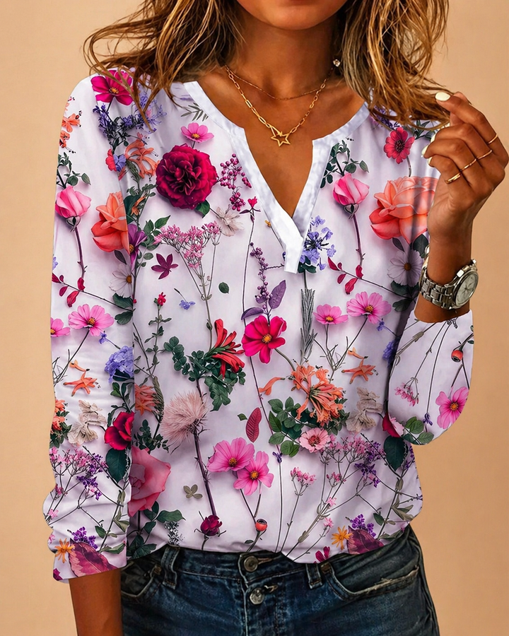 Blusa Donna Stampa Floreale Scollo a V Maniche Lunghe