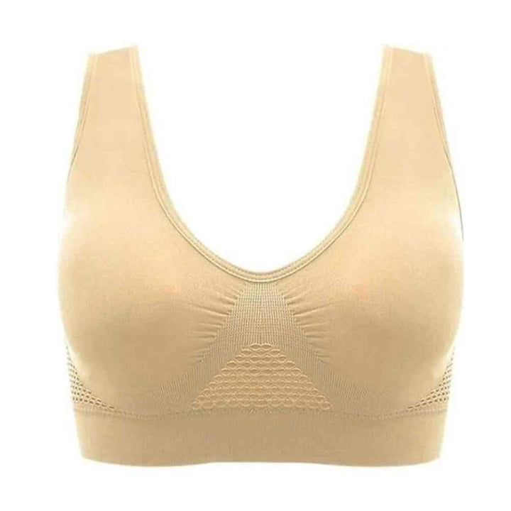 Reggiseno sportivo senza cuciture beige, design a V, supporto confortevole, tessuto traspirante, ideale per attività sportive e quotidiane.
