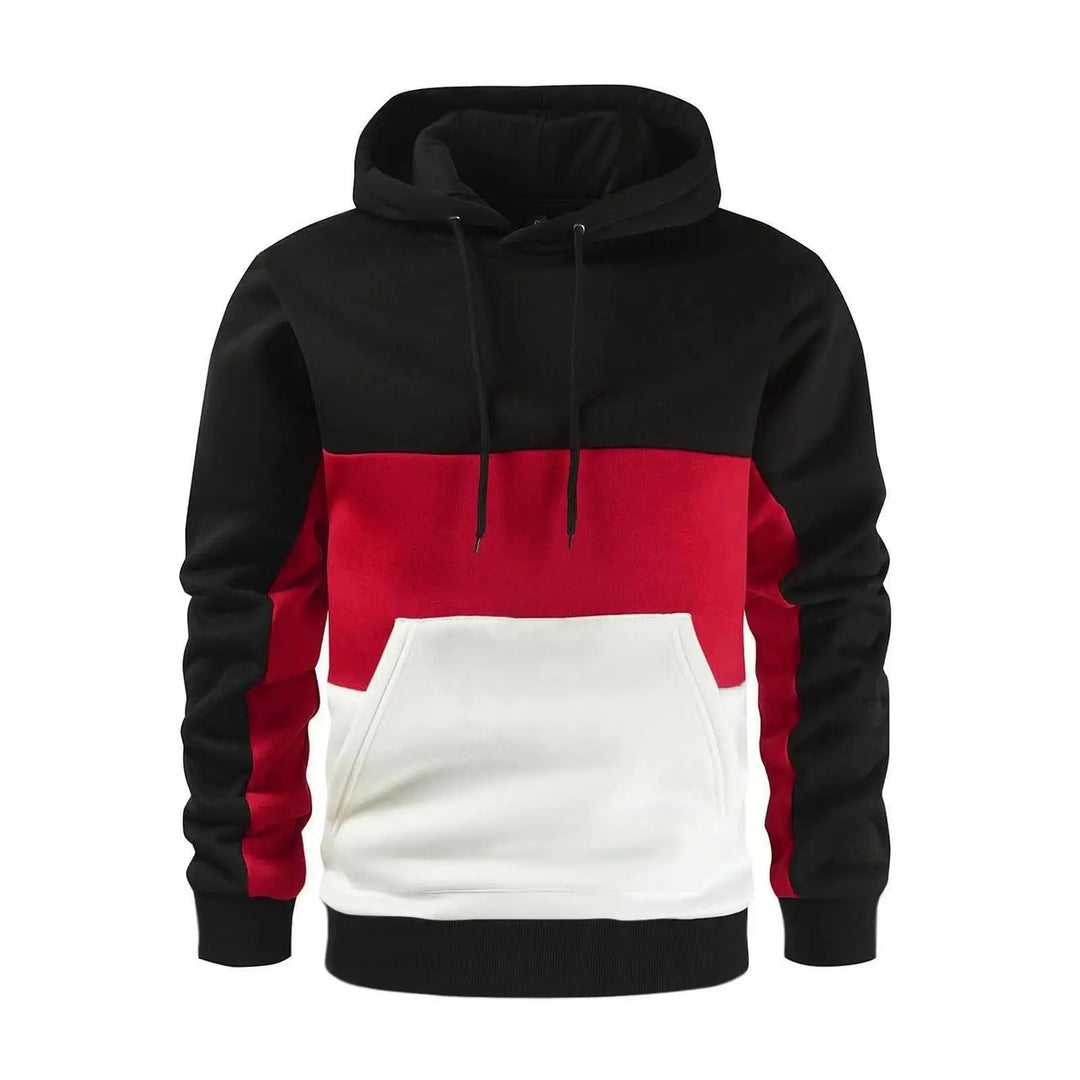 Felpa con cappuccio tricolore nero, rosso e bianco, tasca frontale a marsupio, design casual unisex, ideale per moda streetwear e abbigliamento sportivo.