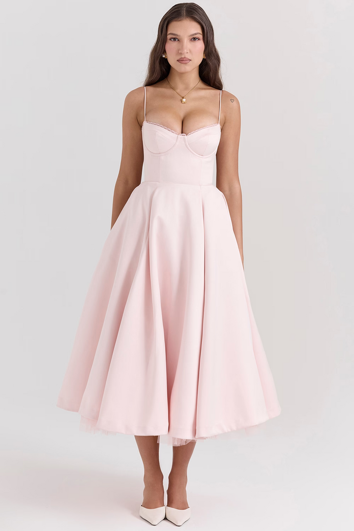 Ravina | Abito da Cerimonia Lungo in Raso con Gonna in Tulle Rosa