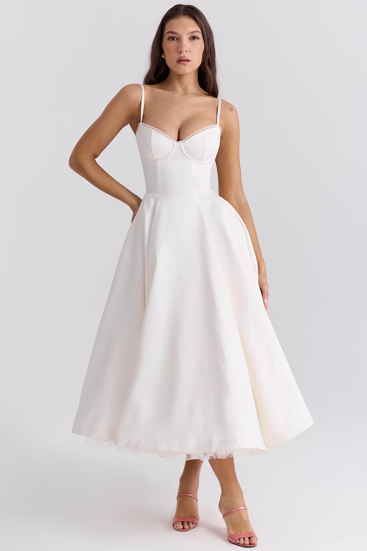 Ravina | Abito da Cerimonia Lungo in Raso con Gonna in Tulle Bianco