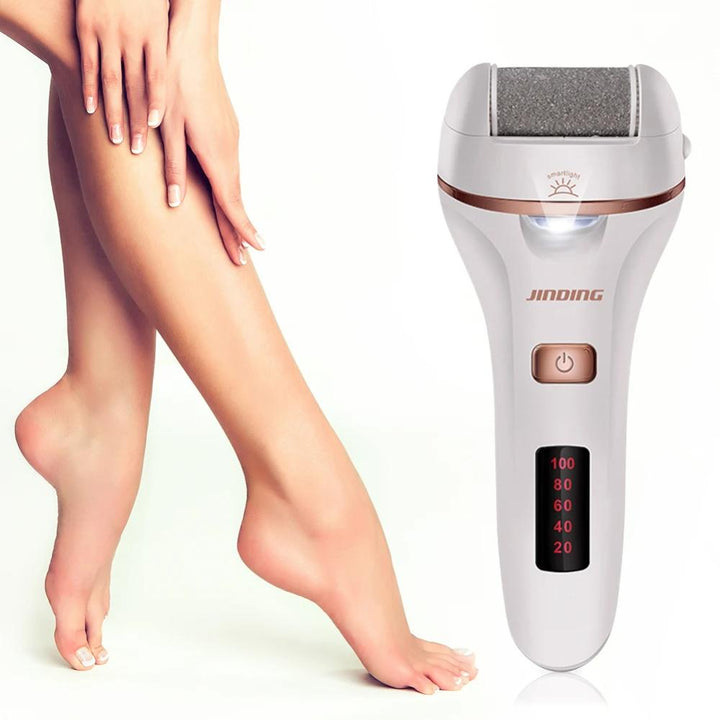 Depilatore elettrico Jinding con display LED, design ergonomico, accanto a gambe femminili lisce. Ideale per rimozione peli e cura della pelle.