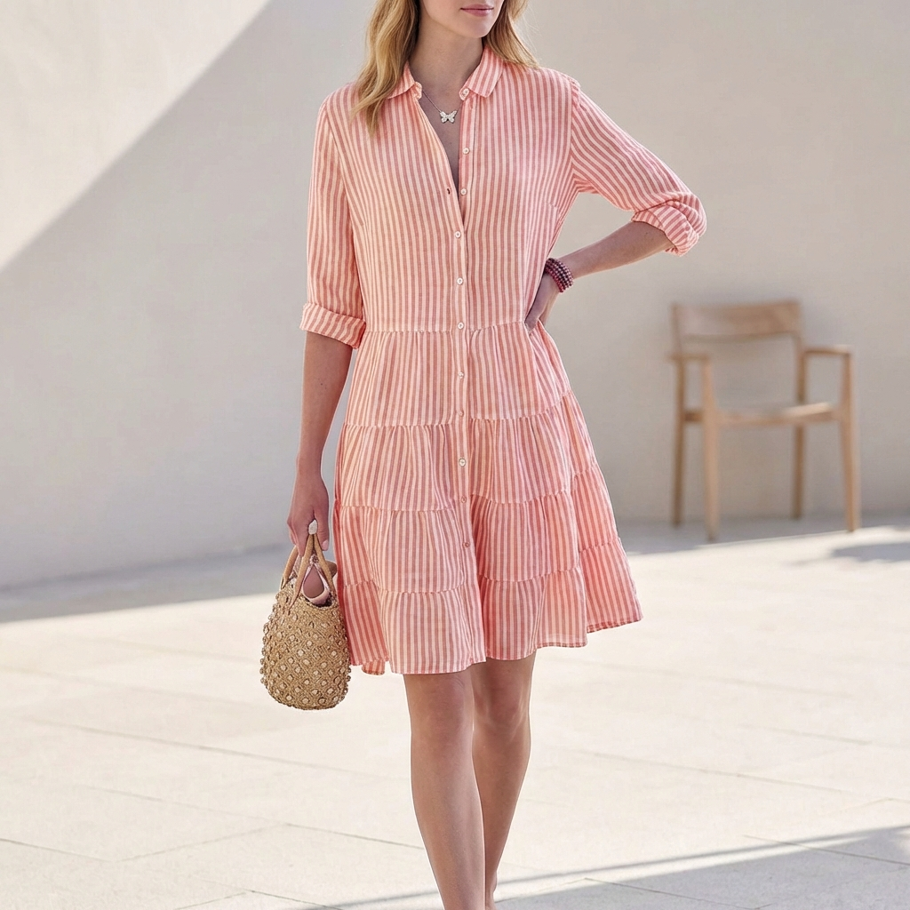 Abito Midi Donna Scollo a V Maniche Tre Quarti Stratificato