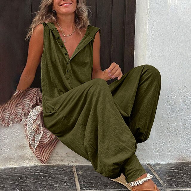 Tuta Donna Salopette Cotone Lino Gamba Larga Cappuccio