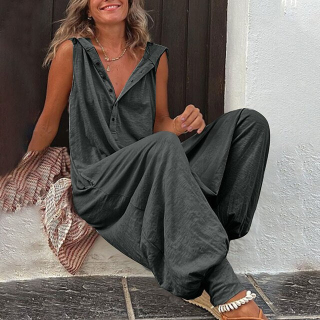 Tuta Donna Salopette Cotone Lino Gamba Larga Cappuccio - Vesarelli