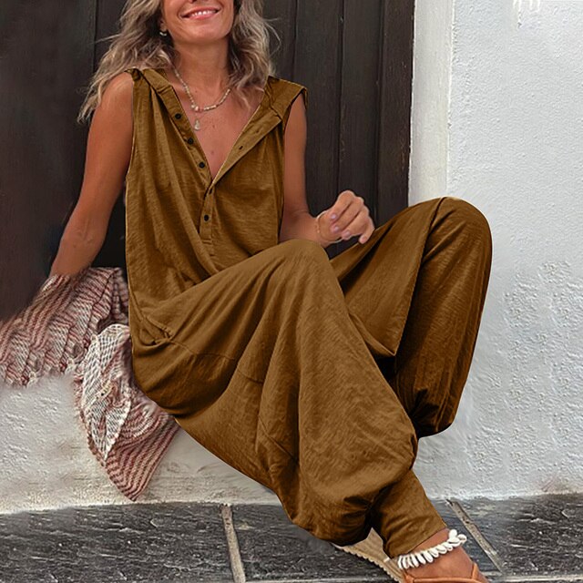 Tuta Donna Salopette Cotone Lino Gamba Larga Cappuccio