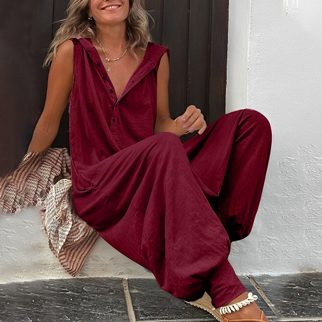Tuta Donna Salopette Cotone Lino Gamba Larga Cappuccio