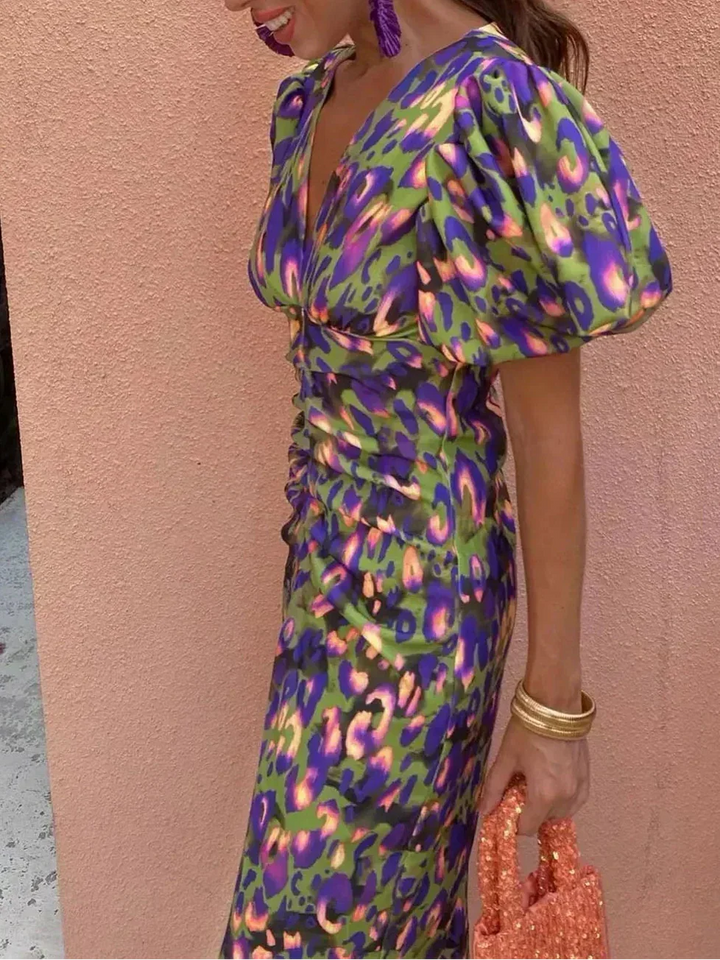 Robe Midi Elegante Donna | Maniche a Palloncino & Stampa Bold