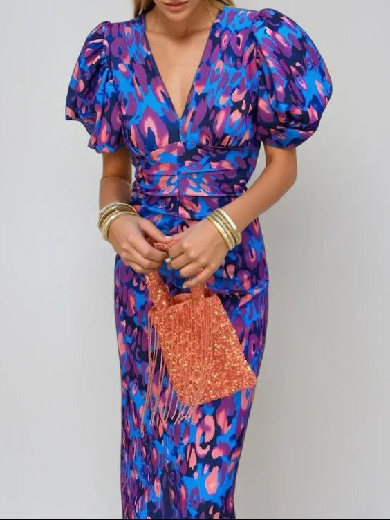 Abito Midi Donna Maniche a Palloncino Stampa Elegante - Vesarelli