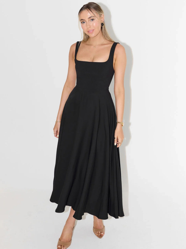Robe Midi Elegante Donna | Scollatura Quadrata & Gonna a Ruota