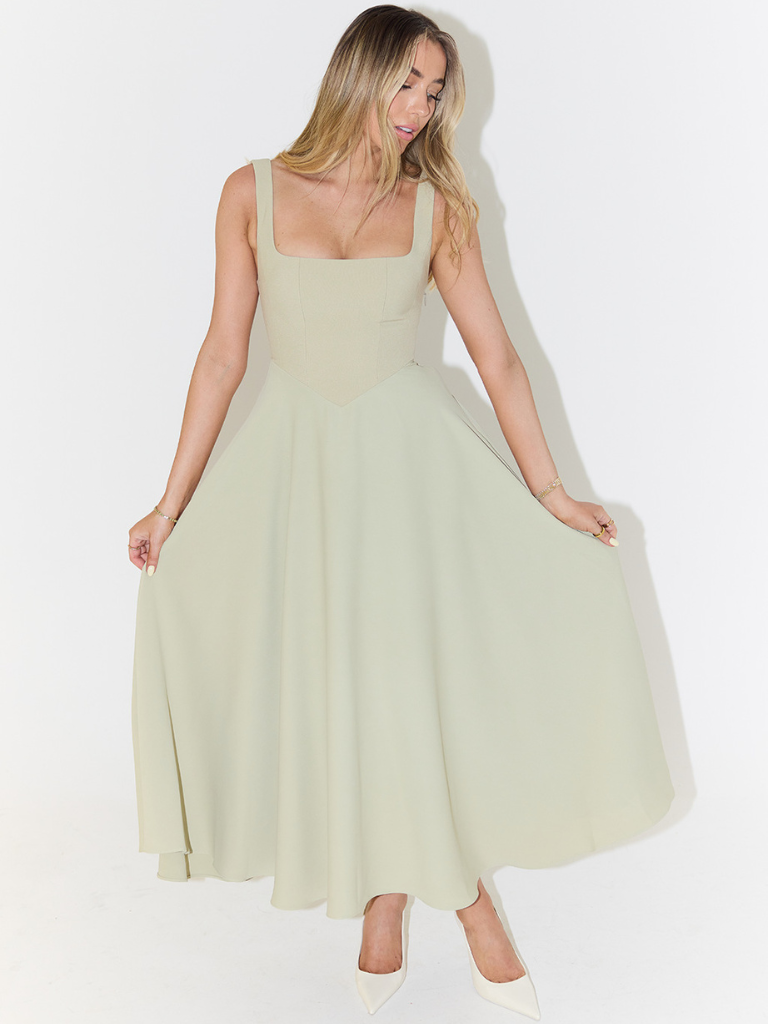 Robe Midi Elegante Donna | Scollatura Quadrata & Gonna a Ruota