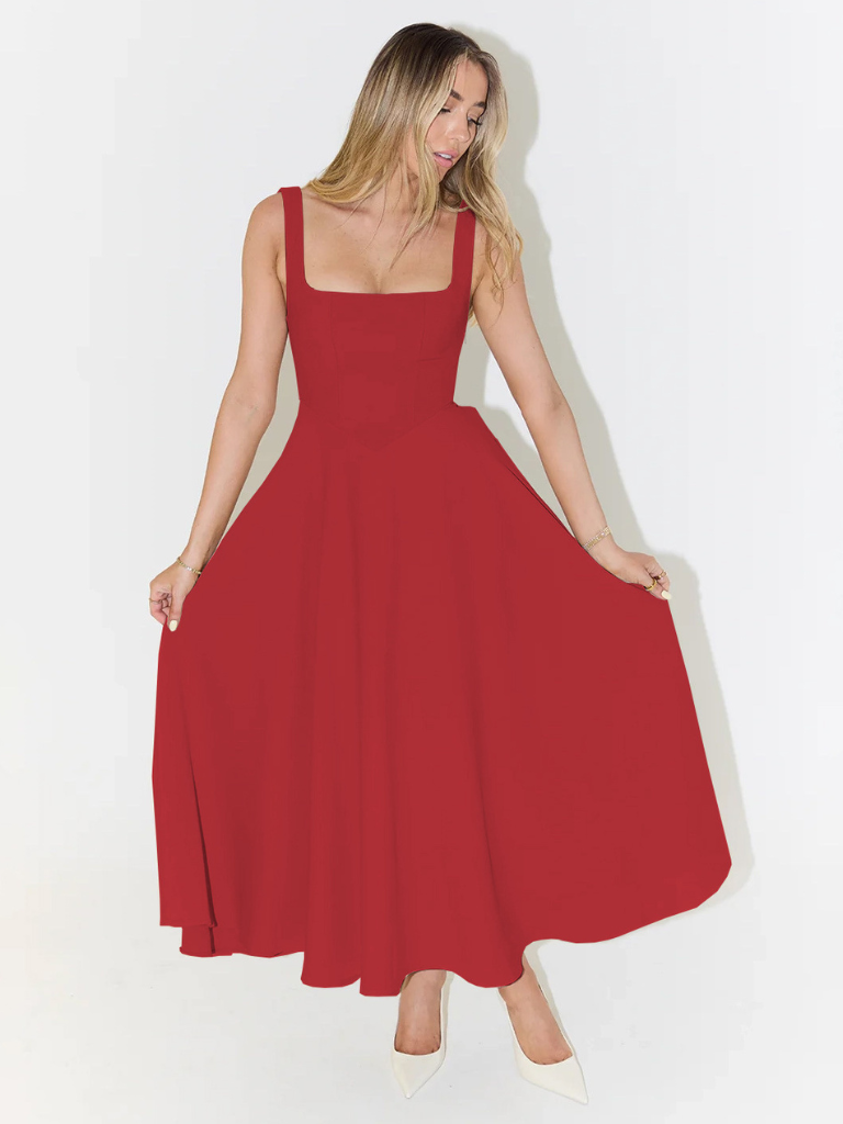 Robe Midi Elegante Donna | Scollatura Quadrata & Gonna a Ruota
