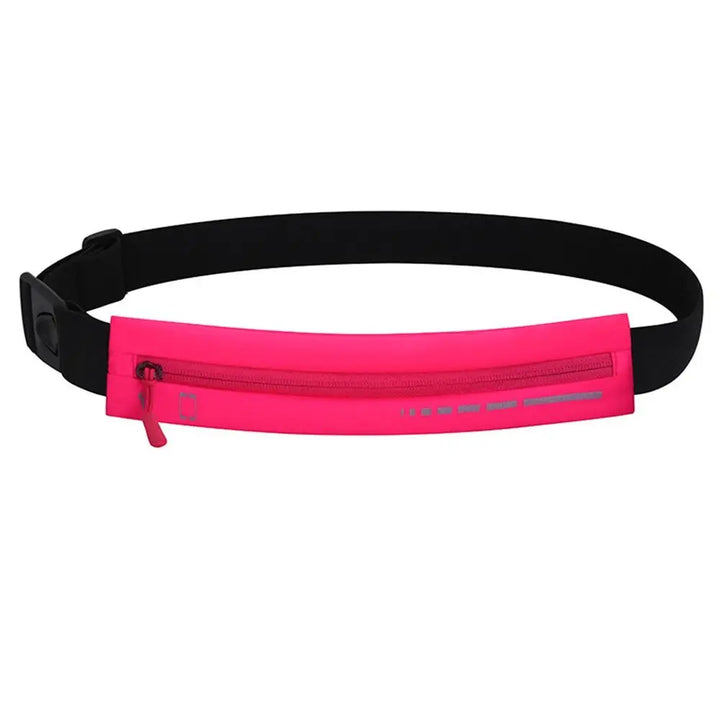 Marsupio sportivo rosa fluorescente con cintura nera regolabile, ideale per corsa e attività all'aperto. Tasche con zip per sicurezza e praticità.