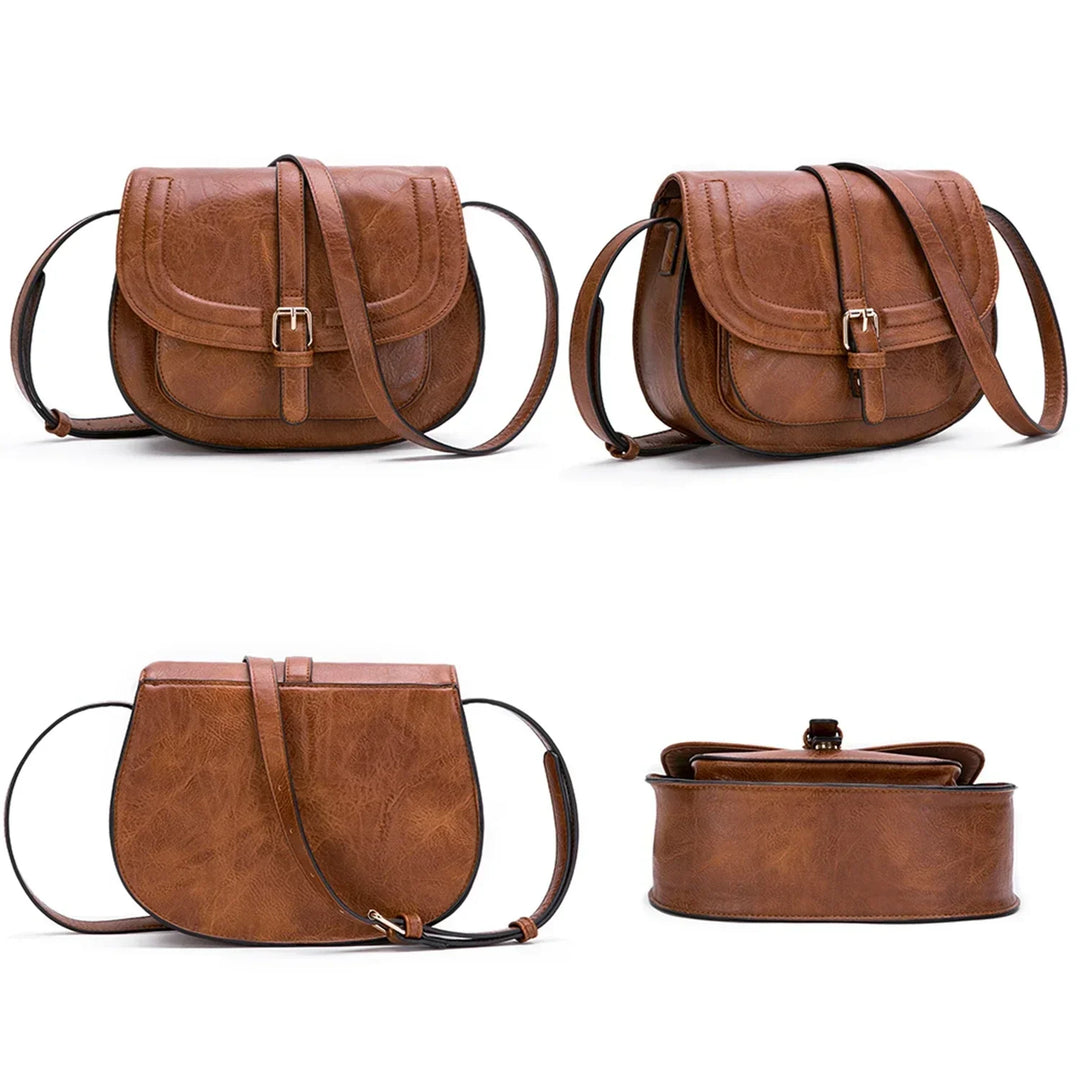Borsa a tracolla in pelle marrone, design vintage, chiusura a fibbia, vista frontale, laterale e posteriore. Accessorio moda donna elegante.