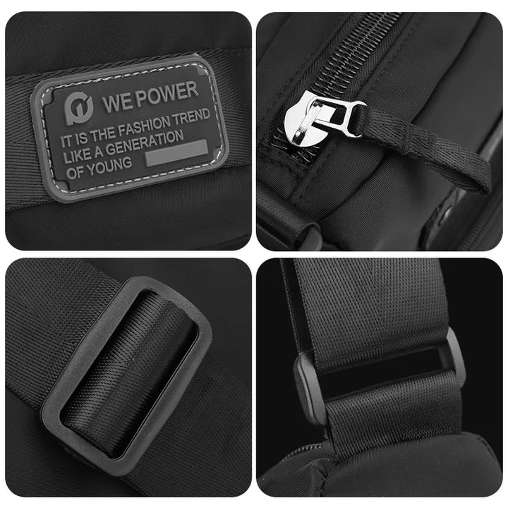 Zaino nero unisex con cerniera robusta, fibbie regolabili e etichetta "We Power". Design moderno, ideale per scuola e lavoro.