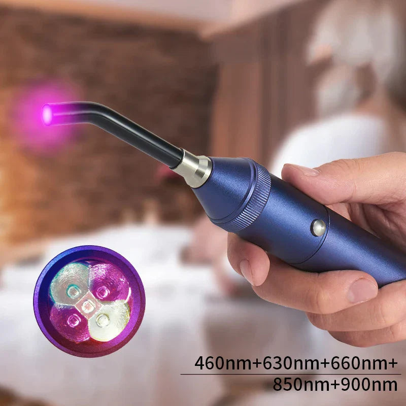 Dispositivo portatile per terapia laser a LED, design ergonomico, lunghezze d'onda multiple (460nm, 630nm, 660nm, 850nm, 900nm), uso medico ed estetico.