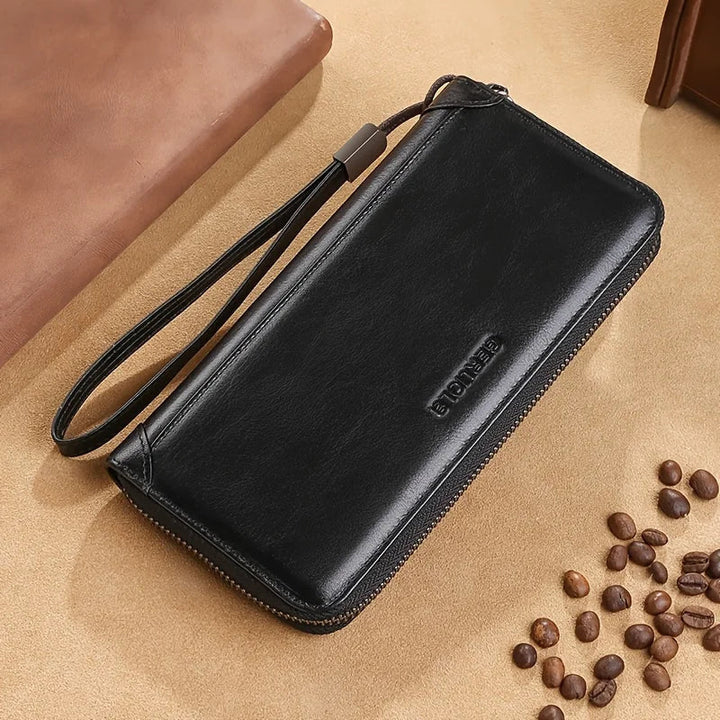 Portafoglio uomo in pelle nera con cerniera, design elegante e moderno, ideale per carte e contanti. Accessorio moda maschile di alta qualità.