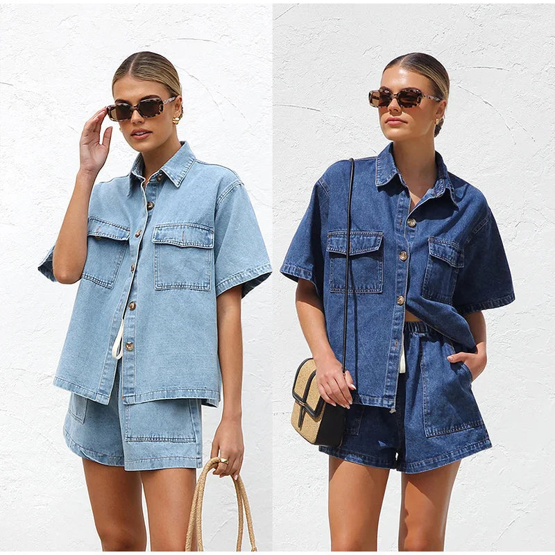 Set Estivo Donna Camicia Cotone Shorts Vita Elastica