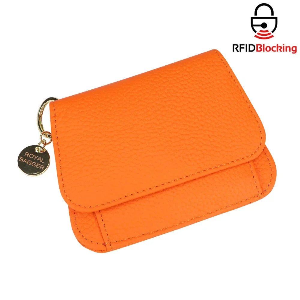 Portafoglio arancione in pelle con protezione RFID, chiusura a bottone, marchio Royal Bagger, design compatto, ideale per sicurezza e stile.