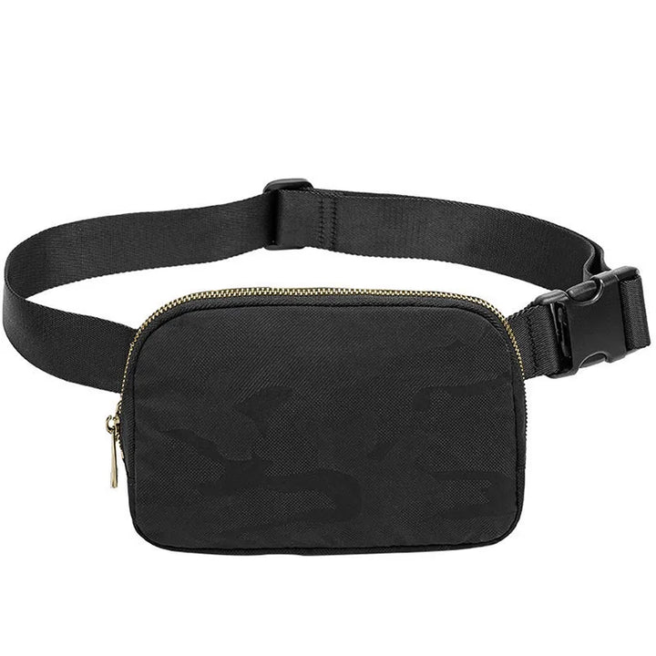 Marsupio nero unisex in tessuto resistente con cerniera dorata e cintura regolabile, ideale per viaggi e attività all'aperto.