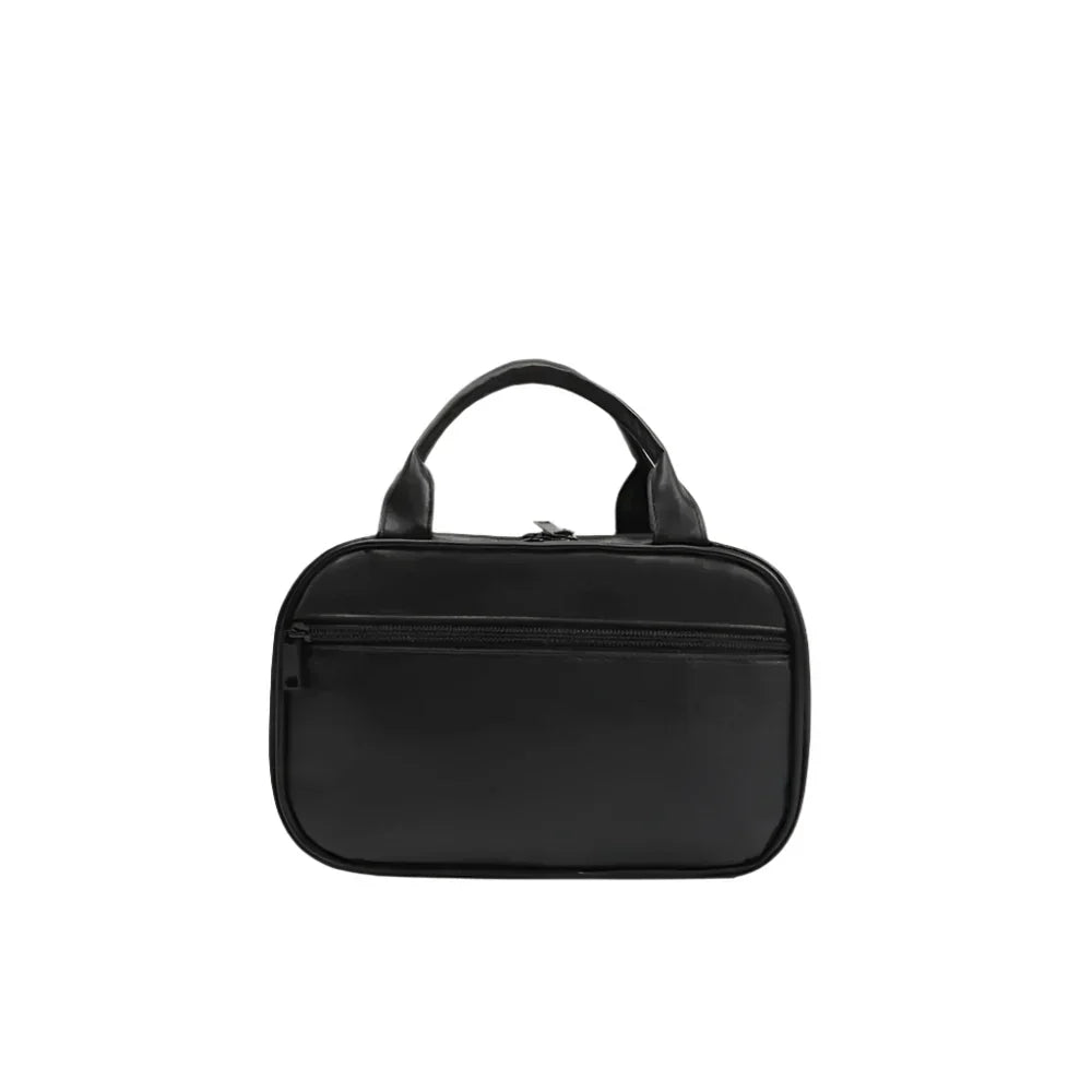 Borsa a mano nera in pelle, design elegante e minimalista, con cerniera frontale. Accessorio moda donna, ideale per ogni occasione.