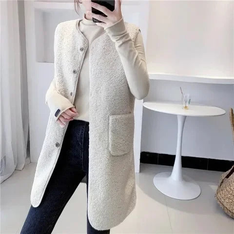 Gilet Donna Lungo Misto Lana Senza Maniche Minimalista Caldo - Vesarelli