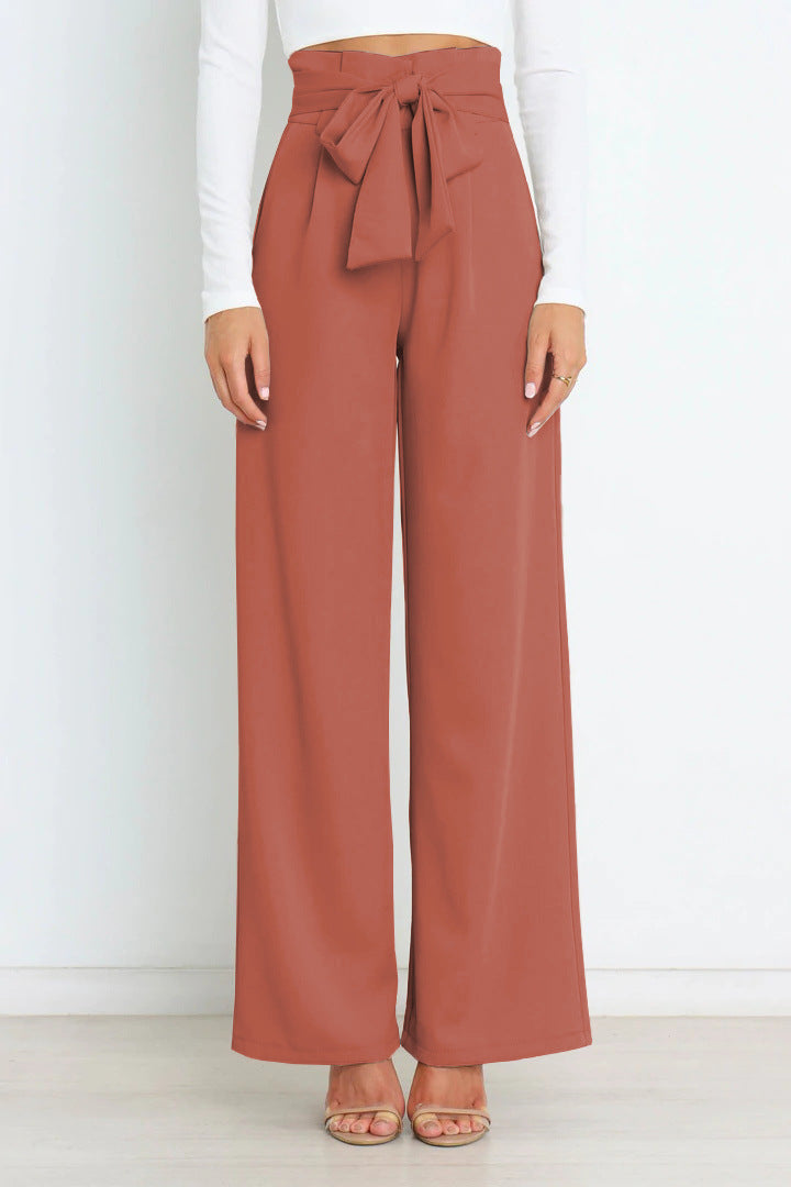 Pantaloni Donna Vita Alta Larga con Cintura a Nastro