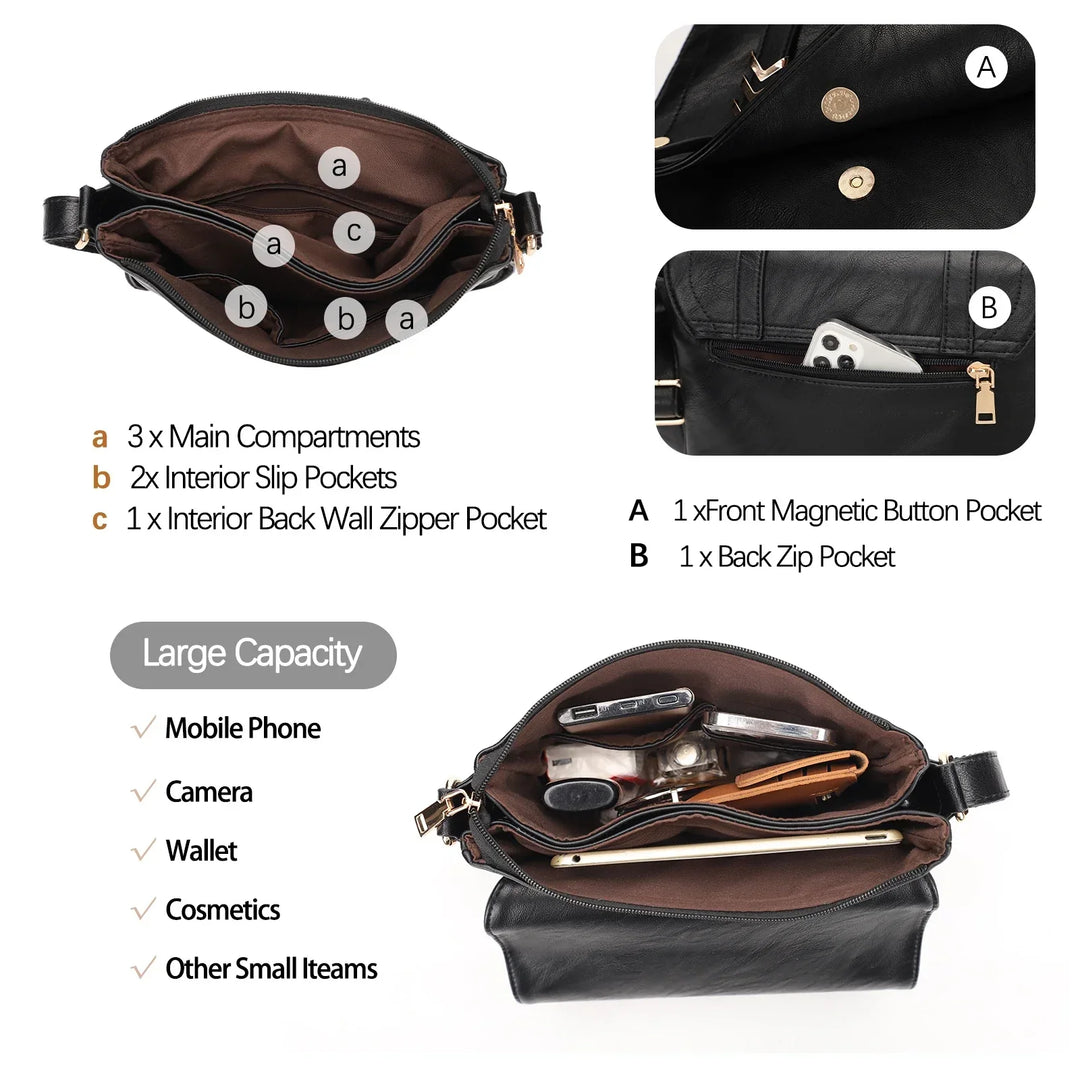 Borsa a tracolla nera in pelle con 3 scomparti principali, tasche interne, tasca frontale magnetica e tasca posteriore con zip. Ampia capacità per telefono, fotocamera e cosmetici.