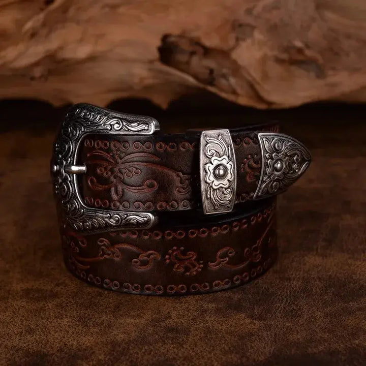 Cintura Uomo in Pelle Stile Western Fibbia Incisa Classica