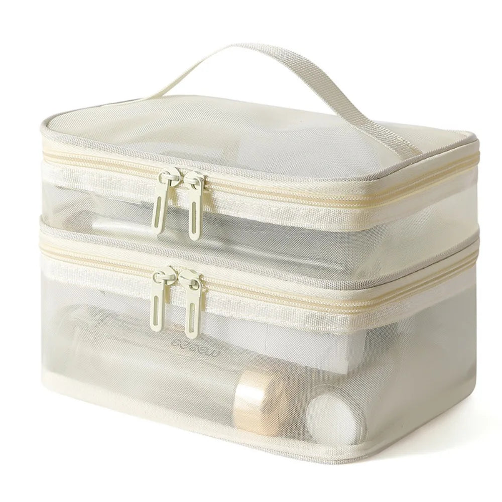 Borsa trasparente per cosmetici con doppia cerniera, manico superiore, ideale per organizzare trucchi e accessori da viaggio.
