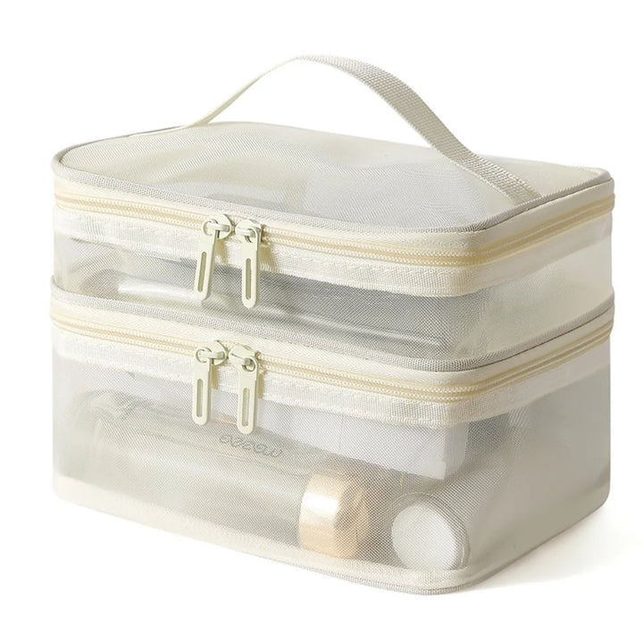 Borsa trasparente per cosmetici con doppia cerniera, manico superiore, ideale per organizzare trucchi e accessori da viaggio.