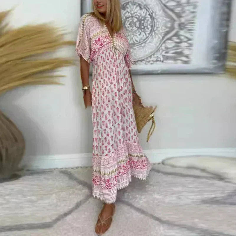 Abito lungo Donna in Tessuto Leggero Scollo a V Manica Corta