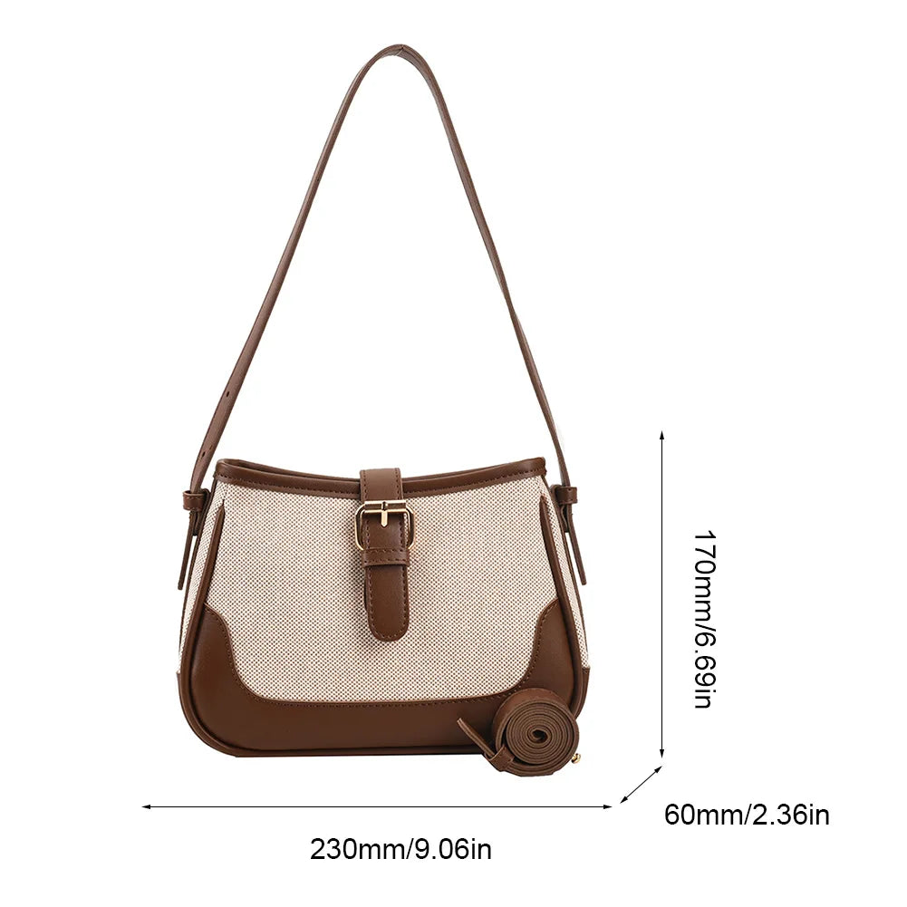 Borsa a tracolla donna in pelle marrone e tessuto beige, dimensioni 230x170x60mm, con fibbia decorativa. Elegante accessorio moda femminile.