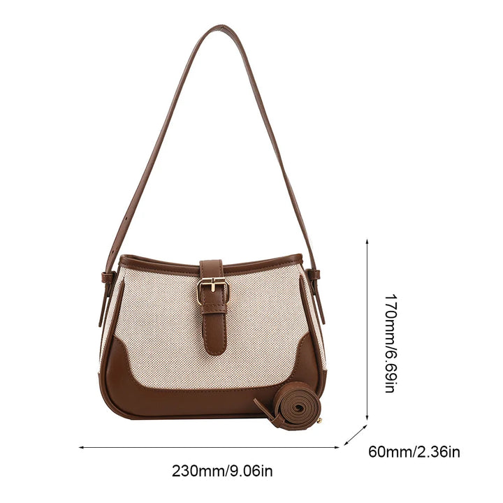 Borsa a tracolla donna in pelle marrone e tessuto beige, dimensioni 230x170x60mm, con fibbia decorativa. Elegante accessorio moda femminile.