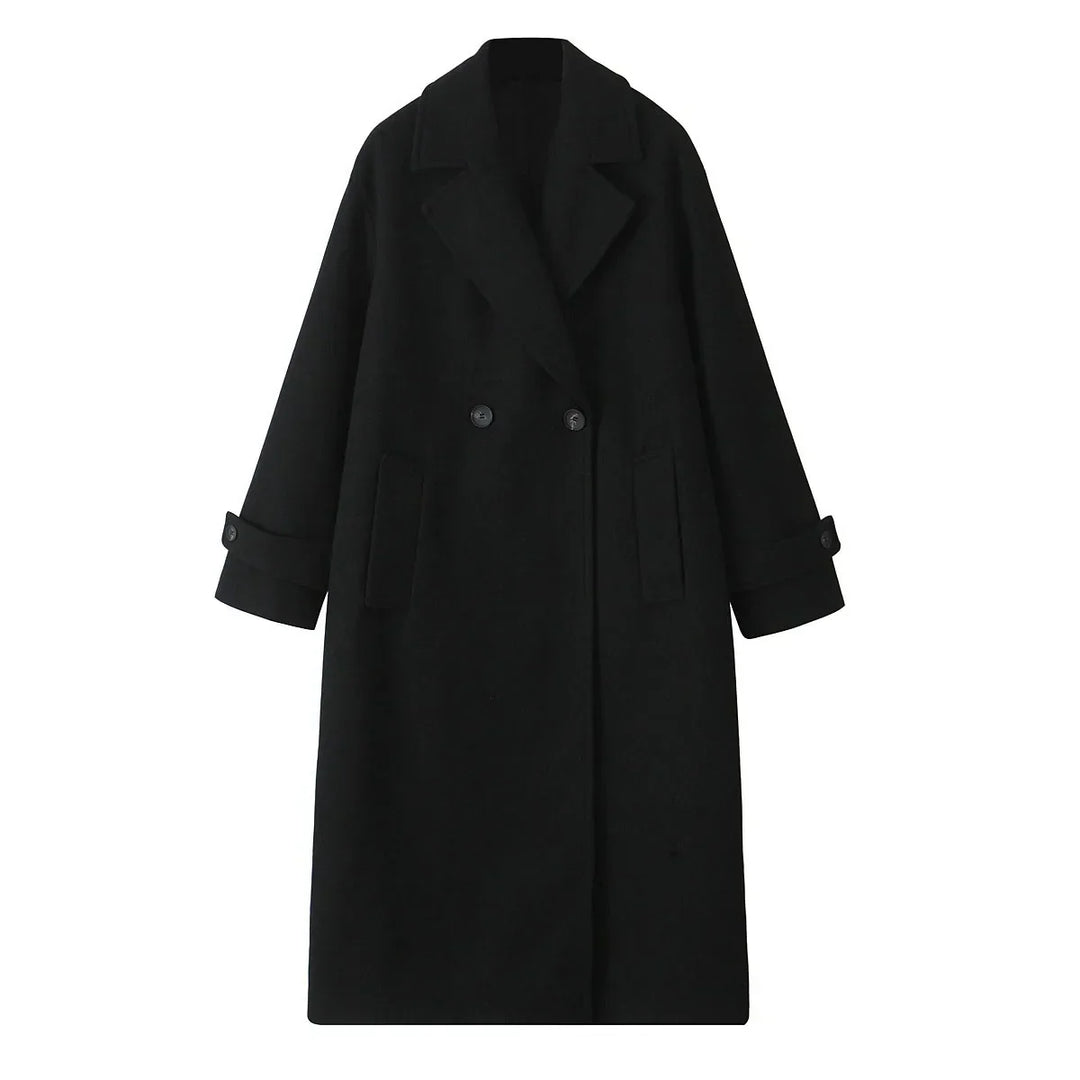 Cappotto lungo nero da donna, doppio petto, elegante, in lana, con tasche e polsini regolabili. Ideale per l'inverno e occasioni formali.