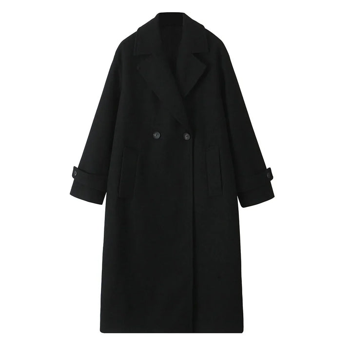 Cappotto lungo nero da donna, doppio petto, elegante, in lana, con tasche e polsini regolabili. Ideale per l'inverno e occasioni formali.