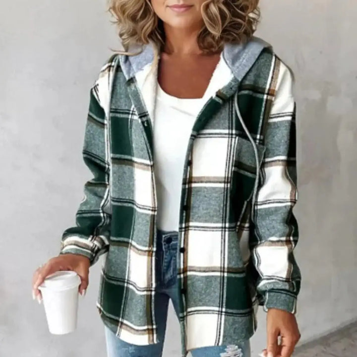 Giacca Donna Quadri con Cappuccio e Bottoni