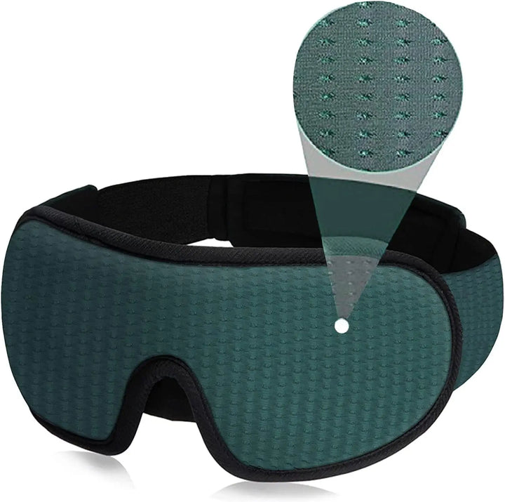 Maschera per dormire verde scuro, imbottita, con dettaglio tessuto traspirante. Accessorio per il sonno, comfort notturno, relax.