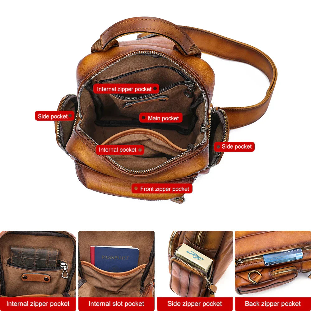 Zaino in pelle marrone con tasche multiple: tasca principale, tasche interne con zip, tasca frontale con zip, tasche laterali. Design elegante e funzionale.