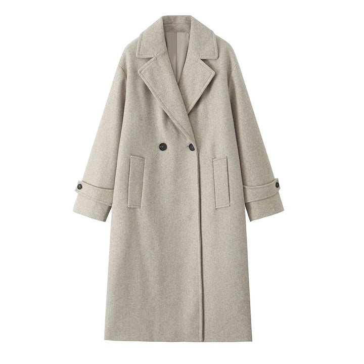 Cappotto lungo donna in lana grigia, doppio petto, con tasche e bottoni, elegante e caldo, ideale per l'inverno.