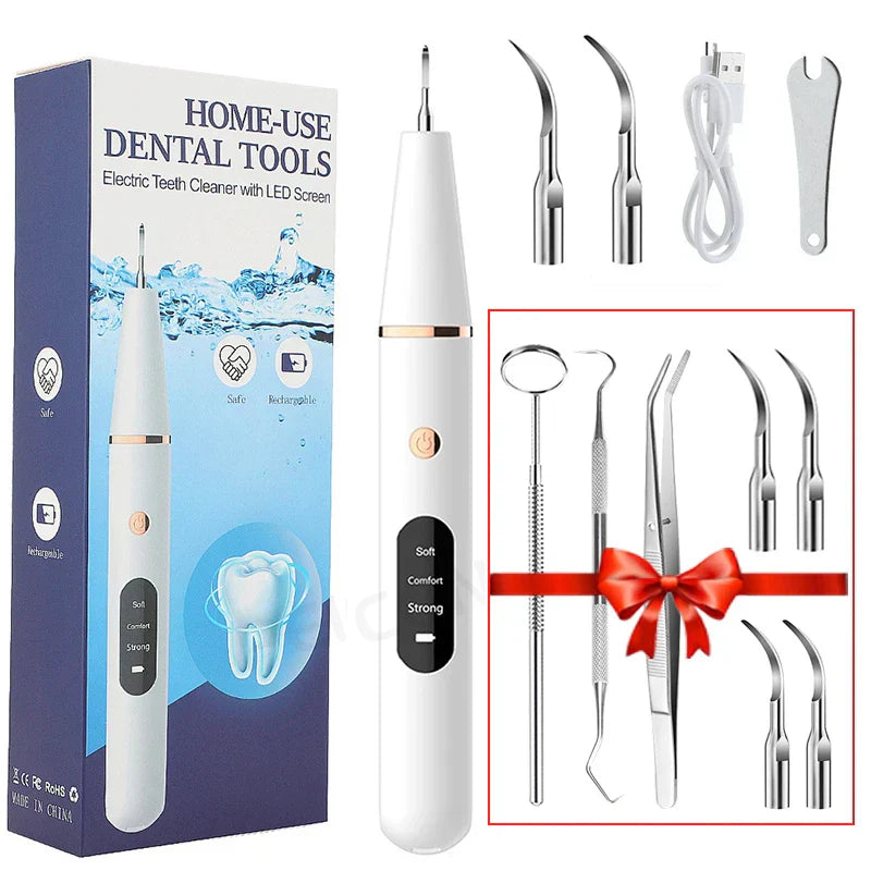 Kit pulizia dentale elettrico per uso domestico con schermo LED, include strumenti in acciaio inox e cavo USB. Ideale per igiene orale completa.