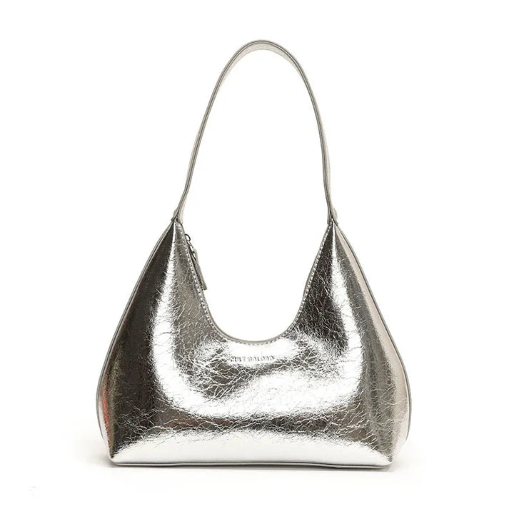 Borsa a spalla in pelle argentata metallizzata, design moderno e minimalista, ideale per moda donna, accessorio elegante e versatile.