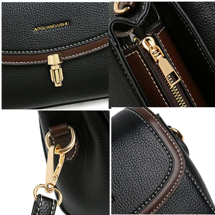 Borsa a tracolla in pelle nera con dettagli dorati, cerniera robusta e cuciture marroni. Design elegante e moderno, perfetto per ogni occasione.